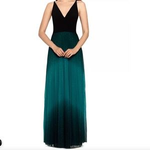 Betsy & Adam Pleated Glitter-Skirt Gown